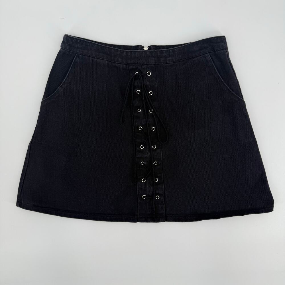 Vintage Y2K Black Denim Mini Skirt, Lace-Up, Grunge Goth Skater, 100% Cotton